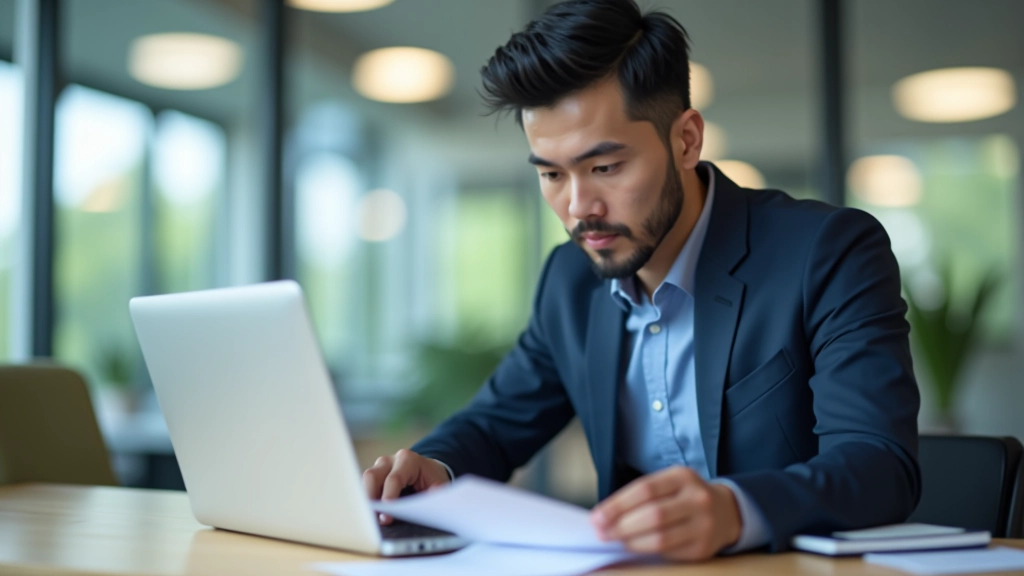 Professional accountant reviewing financial documents and reports at a desk with laptop