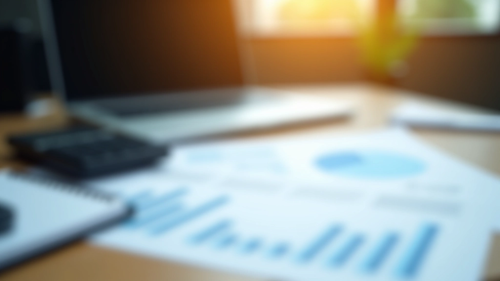 Professional workspace with financial documents, calculator, and laptop on wooden desk with warm lighting