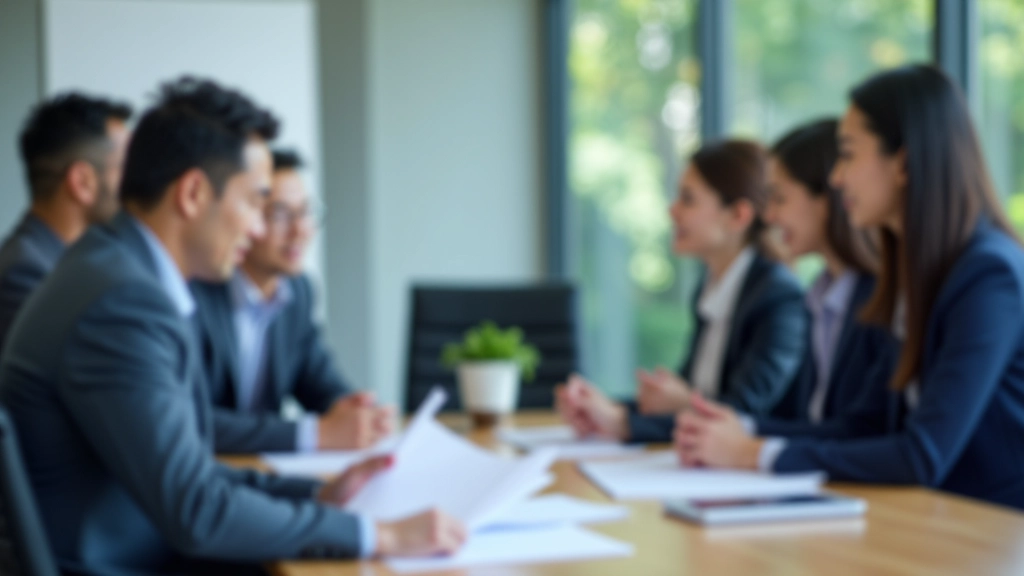 Business professionals reviewing compliance documents and regulatory guidelines in meeting room