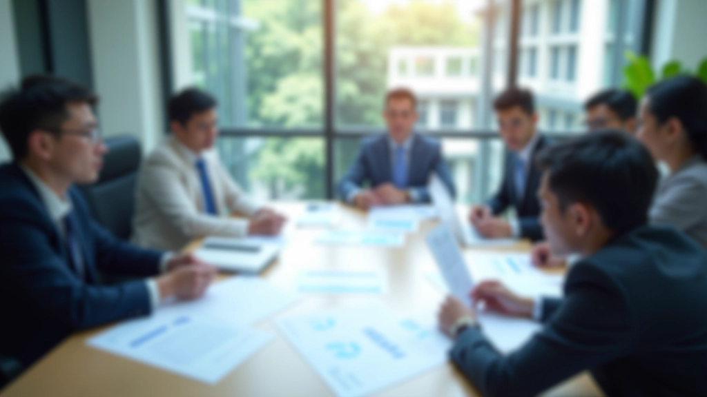 Professional meeting with business team reviewing financial reports and compliance documentation around conference table