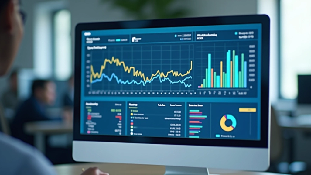 Laptop screen displaying financial dashboard with charts, graphs, and quarterly performance metrics in spreadsheet format