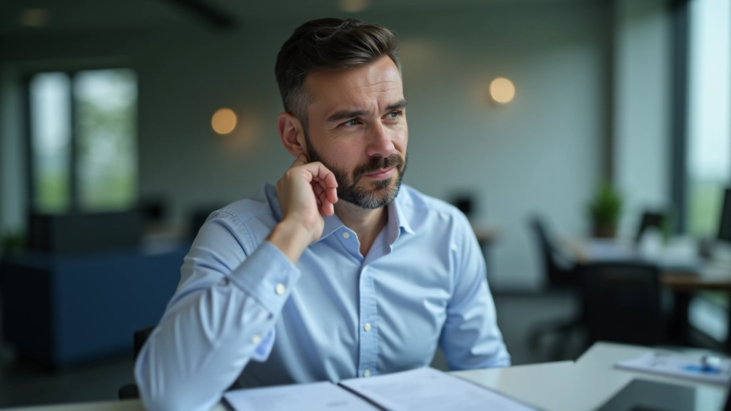 Frustrated businessman at desk reviewing documents with calculator and notepad, looking concerned