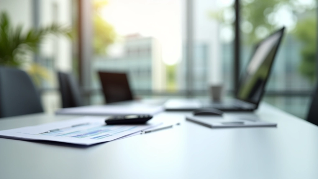 Professional workspace with financial documents and computer displaying compliance data