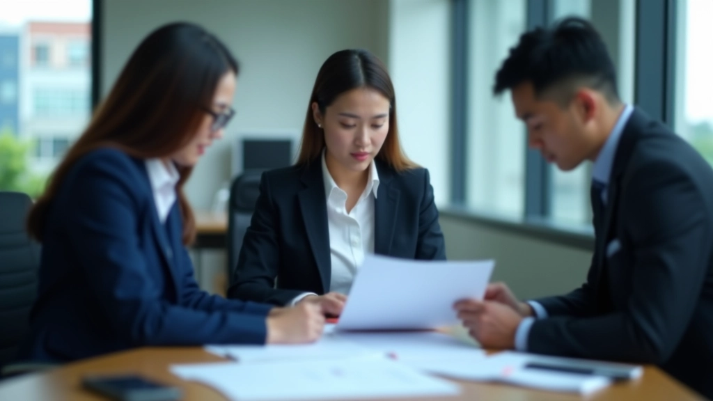 Business team reviewing financial compliance documents and reporting requirements together