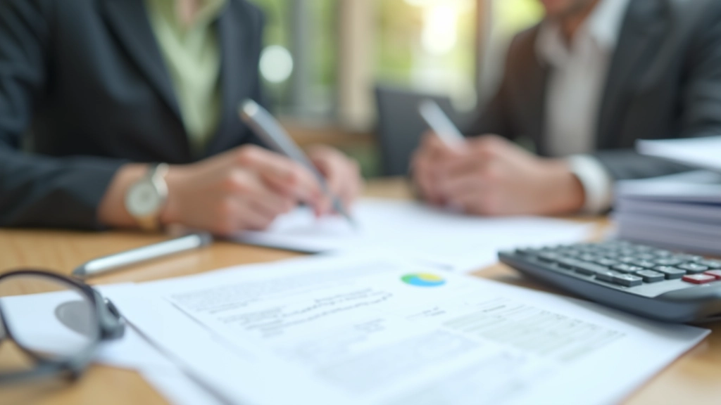 Professional workspace with organized file folders, tax documents, calculator, and pen on wooden desk